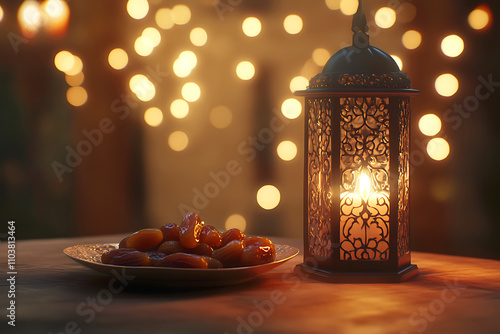 Islamic ramadan kareem celebration lantern with beautiful bokeh lights in the background. photo