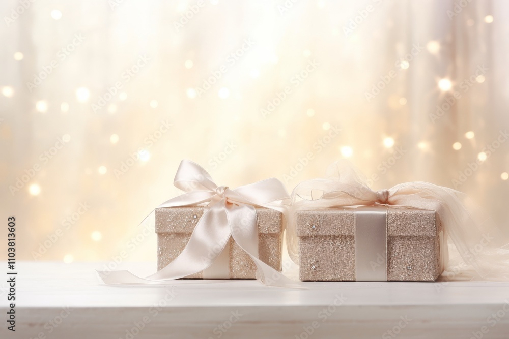 Elegant silver gift boxes tied with beige satin ribbons against warm golden bokeh background Elegant silver gift boxes tied with beige satin ribbons against warm golden bokeh background