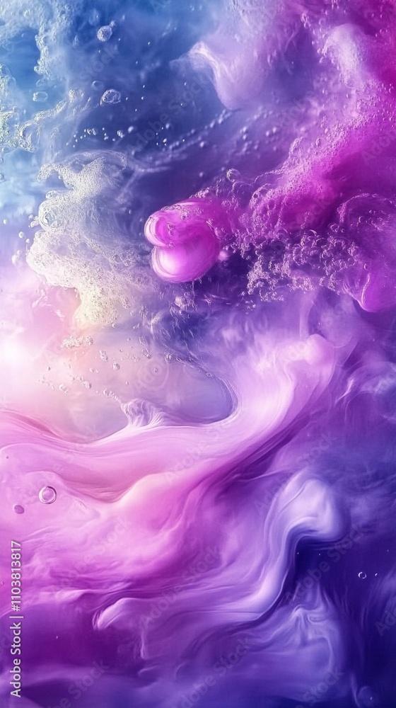 Fototapeta premium Ethereal swirls of vibrant purple and blue hues blend seamlessly, creating a mesmerizing cosmic dreamscape reminiscent of nebulae and celestial phenomena.