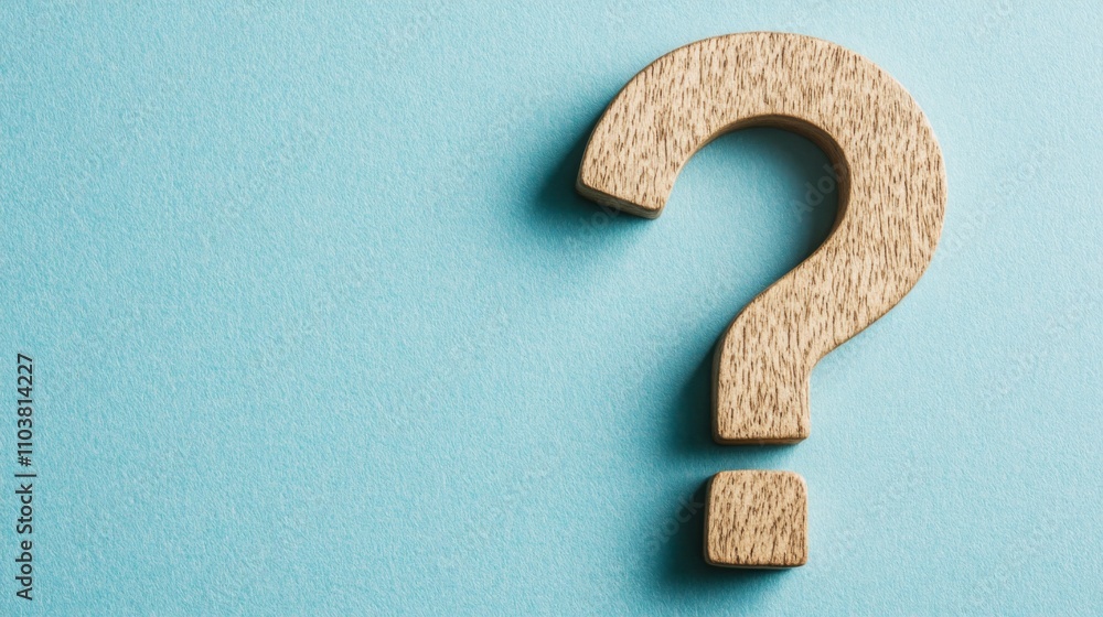 Wooden Question Mark on Light Blue Background: A Symbol of Inquiry and Doubt Wooden Question Mark on Light Blue Background: A Symbol of Inquiry and Doubt