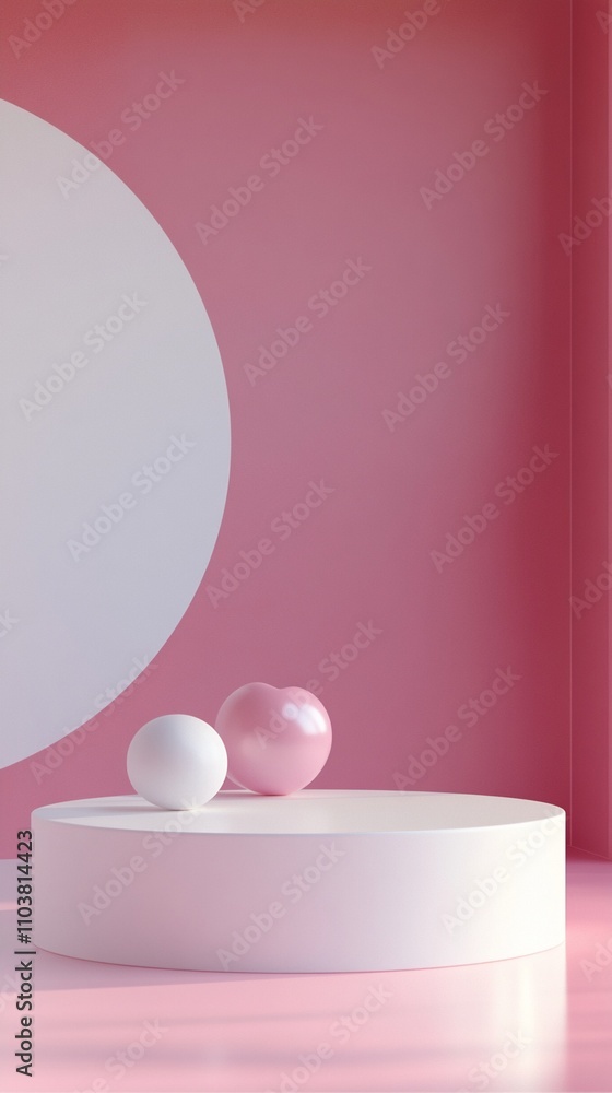 Minimalist pink and white geometric composition featuring a circular platform, spheres, and a large white circle against a soft pink background. Minimalist pink and white geometric composition featuring a circular platform, spheres, and a large white circle against a soft pink background.