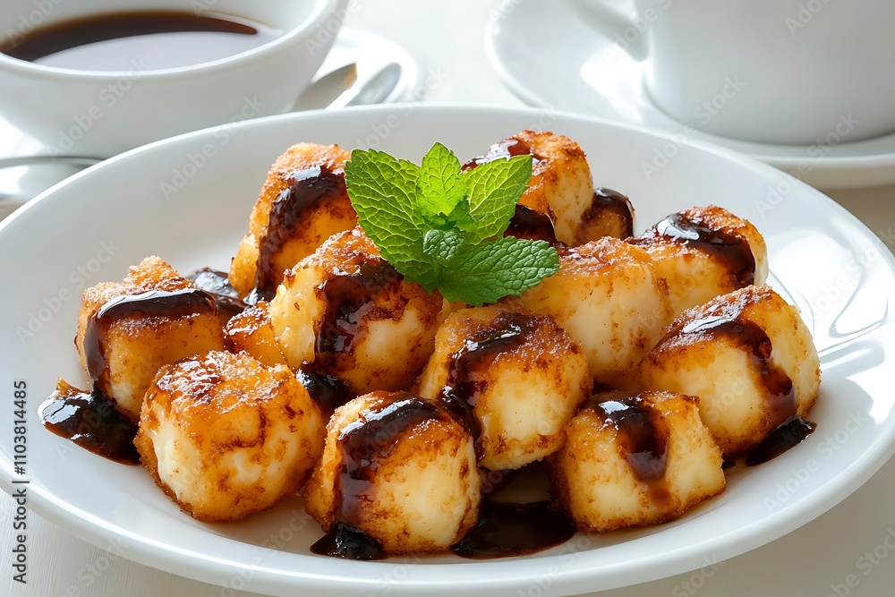 Glazed cheese curds with chocolate sauce and mint on a white plate Glazed cheese curds with chocolate sauce and mint on a white plate
