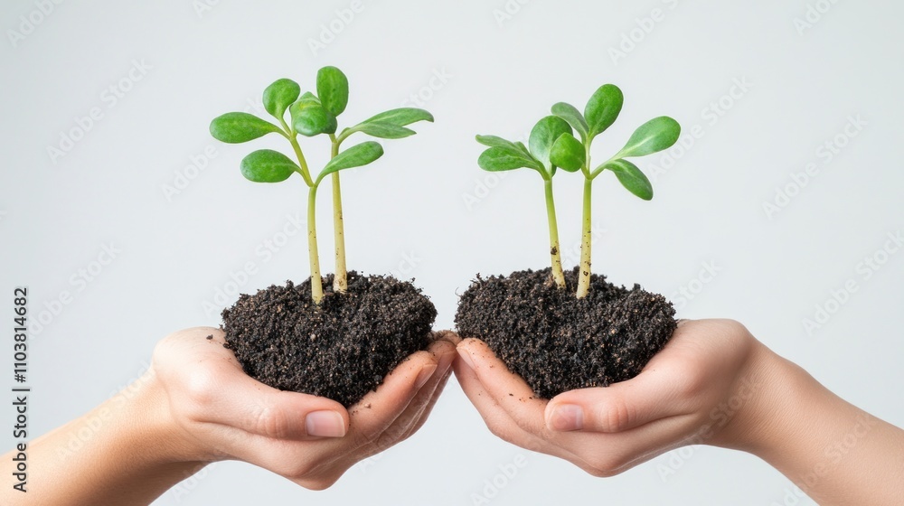 Two hands holding soil with young green plants, symbolizing growth, care, and environmental consciousness against a neutral background. Two hands holding soil with young green plants, symbolizing growth, care, and environmental consciousness against a neutral background.