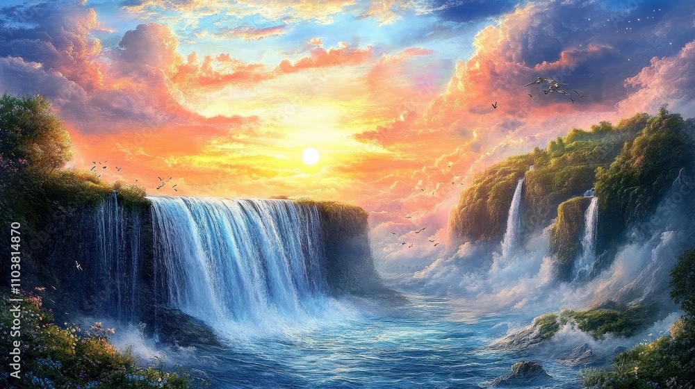 Majestic Waterfall Surrounded by Verdant Forests and Towering Mountains Under a Radiant Golden Sunset in a Dreamlike Landscape Majestic Waterfall Surrounded by Verdant Forests and Towering Mountains Under a Radiant Golden Sunset in a Dreamlike Landscape