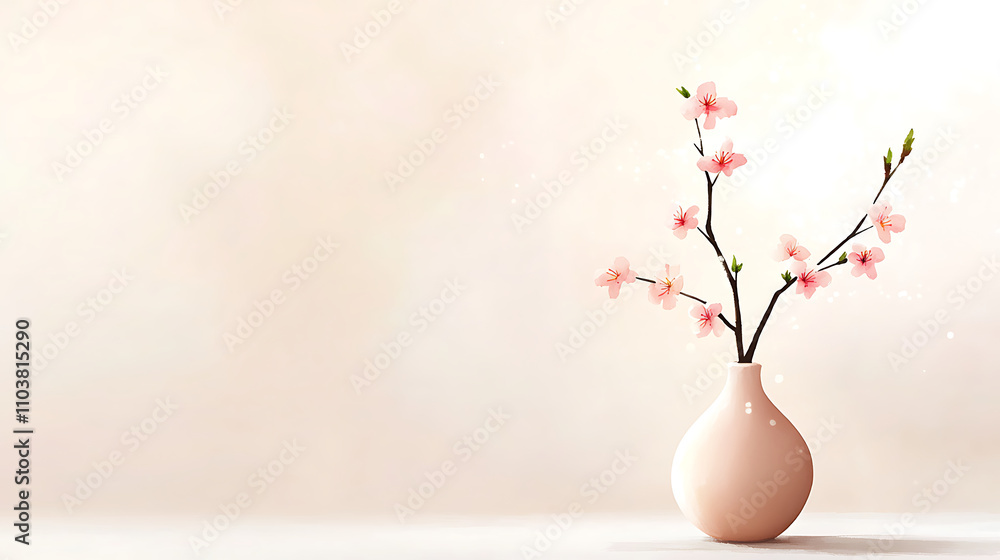 delicate cherry blossom branch in soft pink vase, exuding tranquility and elegance. gentle hues and minimalistic design create serene atmosphere delicate cherry blossom branch in soft pink vase, exuding tranquility and elegance. gentle hues and minimalistic design create serene atmosphere