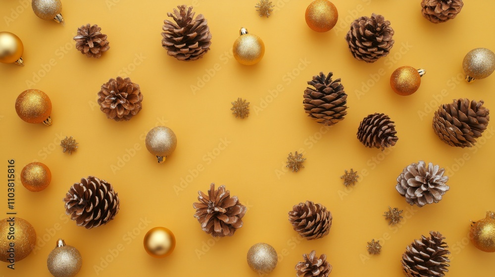 Golden Christmas Pine Cones and Ornaments on a Mustard Yellow Background. Festive Holiday Decor. Elegant and Simple Christmas Composition. Golden Christmas Pine Cones and Ornaments on a Mustard Yellow Background. Festive Holiday Decor. Elegant and Simple Christmas Composition.