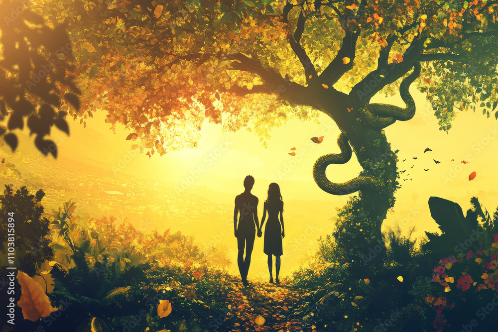 A symbolic digital illustration of Adam and Eve in the vibrant Garden ...
