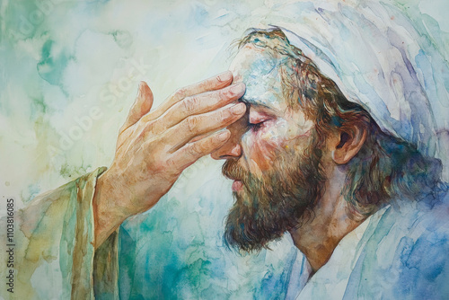 Jesus healing a blind man, placing his hands gently on the manâ€™s eyes. The watercolor uses soft blues, greens, and whites to represent restoration, mercy, and divine healing.