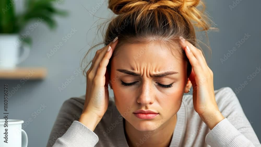 A young woman appears overwhelmed while trying to manage her work tasks in a indoor office environment A young woman appears overwhelmed while trying to manage her work tasks in a indoor office environment