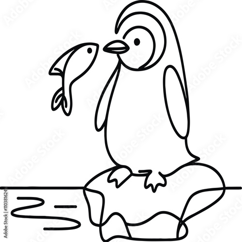 Cute penguin catching fish on ice floe in cold arctic nature