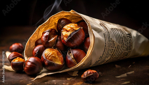 Primer plano de cucurucho de papel de periódico con castañas asadas en otoño (AF) photo