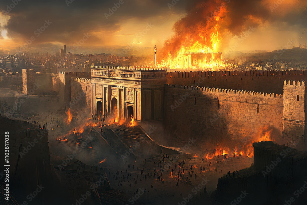 Naklejka premium A poignant digital painting of the destruction of the Temple of Jerusalem on Tisha B'Av, with fire and smoke engulfing the holy site. The scene depicts Jerusalem's downfall, with citizens in despair