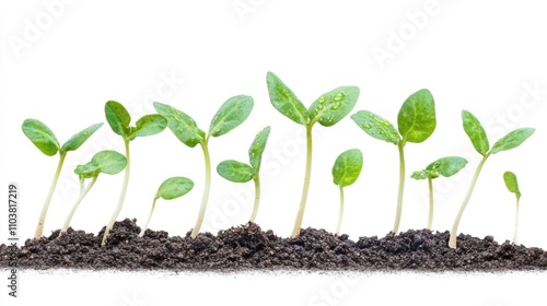 A sequence of young plant seedlings progressively growing taller in soil, symbolizing stages of growth and development, isolated on a white background.