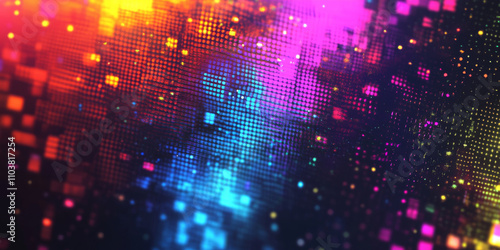 Wallpaper Mural Abstract holographic background with pixelated effects. Bright rainbow tones create a digital glitch effect over a dark, glossy base. Torontodigital.ca