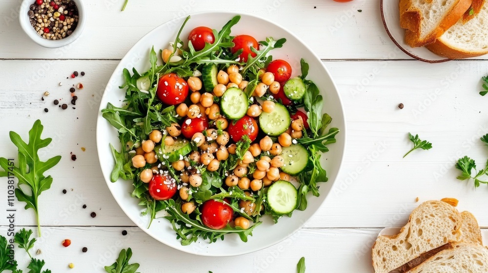 Flat lay colorful salad white wooden table made A serene setting showcasing Flat lay colorful salad white wooden table made A serene setting showcasing