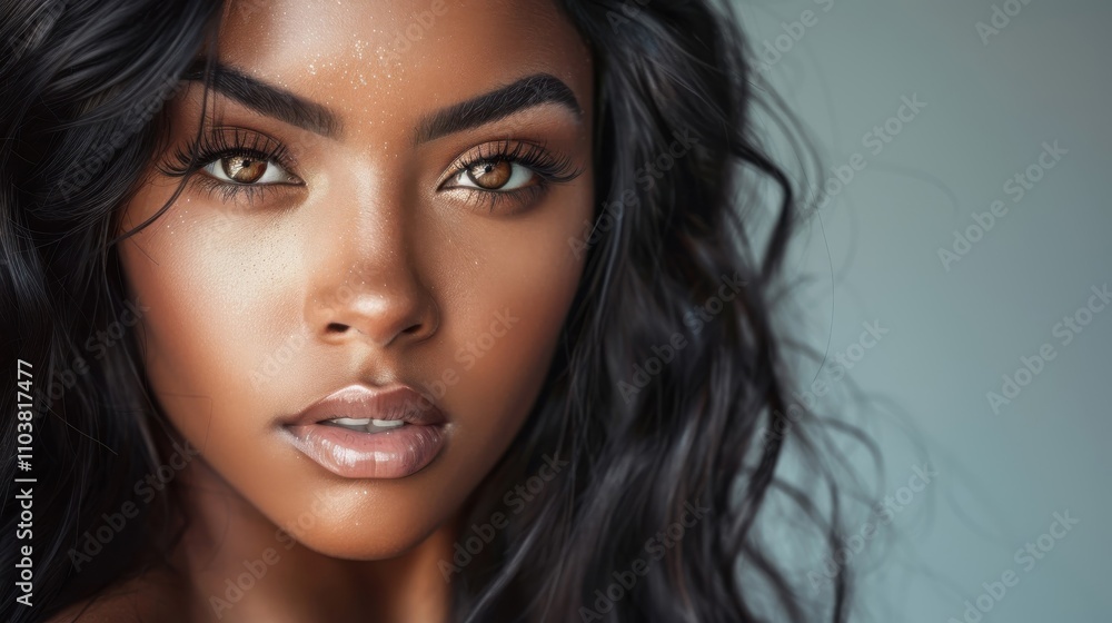 Enchanting beauty shines through with captivating gaze and radiant skin tone in warm lighting Enchanting beauty shines through with captivating gaze and radiant skin tone in warm lighting