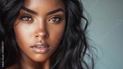 Enchanting beauty shines through with captivating gaze and radiant skin tone in warm lighting