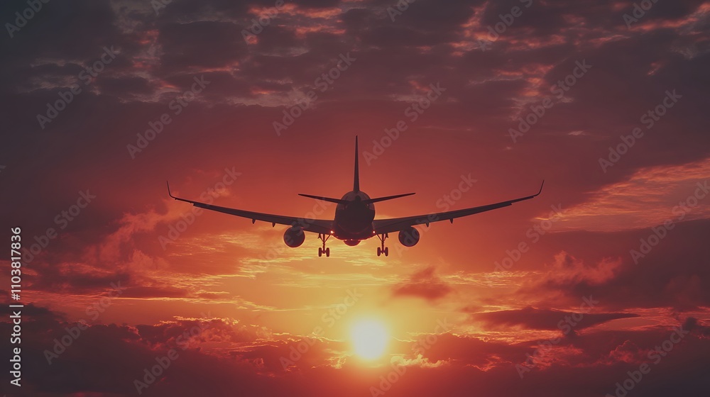 Stunning view of an airplane taking off against colorful horizon. Stunning view of an airplane taking off against colorful horizon.