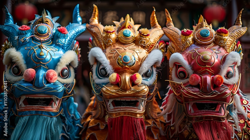 Fototapeta premium performers in vibrant dragon costumes