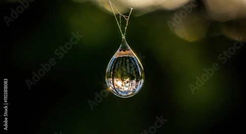 Serene dewdrop reflecting nature's beauty at sunrise photo