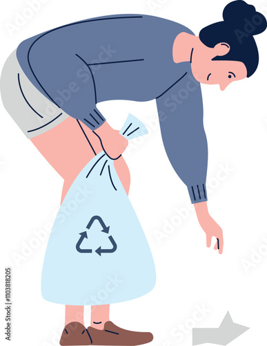 A woman is bending over to pick up trash and is holding a bag that says recycle