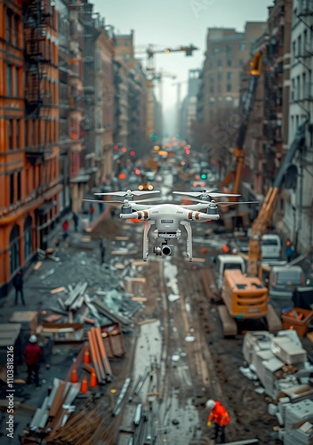 A white drone flying over the site of an under construction building