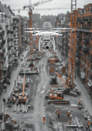 A white drone flying over the site of an under construction building