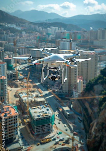 A white drone flying over the site of an under construction building