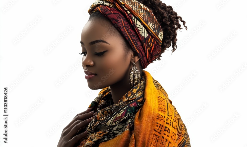 Elegant Black woman, patterned headwrap, golden shawl. Elegant Black woman, patterned headwrap, golden shawl.