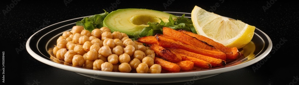 A healthy plate featuring chickpeas, roasted carrots, avocado, lettuce, and lemon. A healthy plate featuring chickpeas, roasted carrots, avocado, lettuce, and lemon.