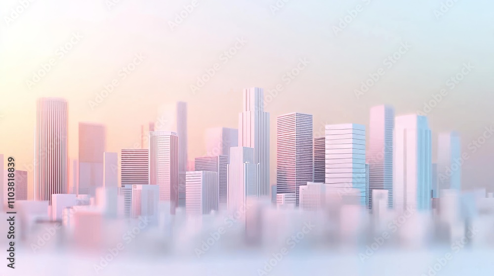 Fototapeta premium Soft-focus skyline, abstract urban buildings with pastel and white tones, serene and dreamy atmosphere 