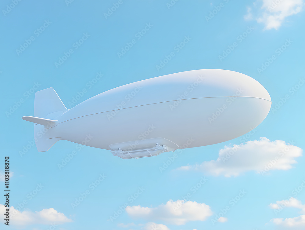 Fototapeta premium A white airship floating in a clear blue sky with fluffy clouds.