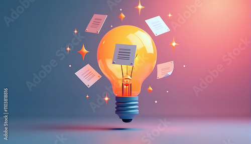 A 3D glossy light bulb icon with floating document and idea symbols, representing creativity and content marketing, against a colorful gradient backdrop photo