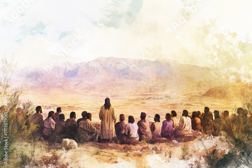 A digital watercolor painting of Jesus teaching a crowd in Judea, surrounded by His disciples. The scene captures the vast desert landscape, with soft hues and divine light shining on Jesus, as He