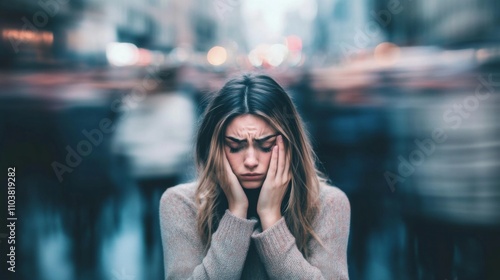 Young woman standing middle busy street her head The concept of depression