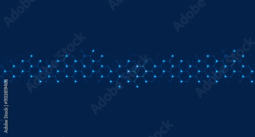 Hexagons pattern on blue background. Genetic research, molecular structure. Chemical engineering. Concept of innovation technology. Used for design healthcare, science and medicine background