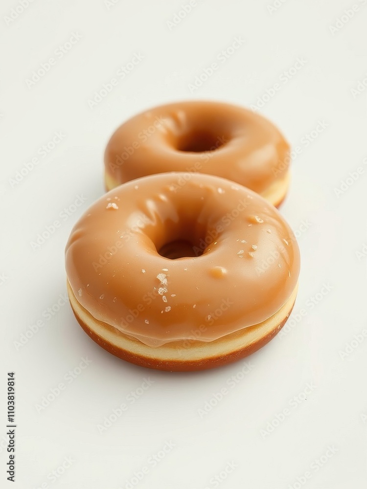 Two glazed donuts sitting on a clean white surface , culinary art, delicious, tasty Two glazed donuts sitting on a clean white surface , culinary art, delicious, tasty