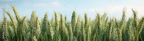 A lush green wheat field in close-up, showing tall spikes under a bright blue sky, symbolizing agriculture and growth.