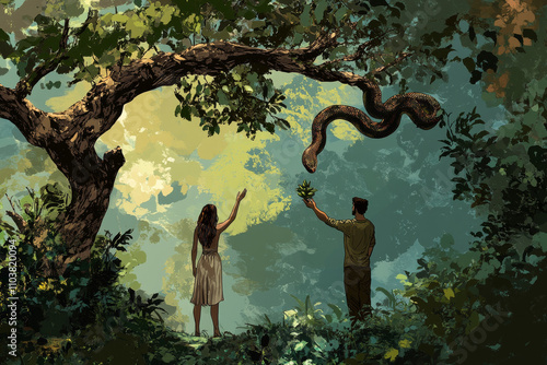 A digital illustration of Adam and Eve in the Garden of Eden, with Eve reaching for the forbidden fruit from the tree while Adam stands nearby. The snake lurks on the treeâ€™s branch, waiting to
