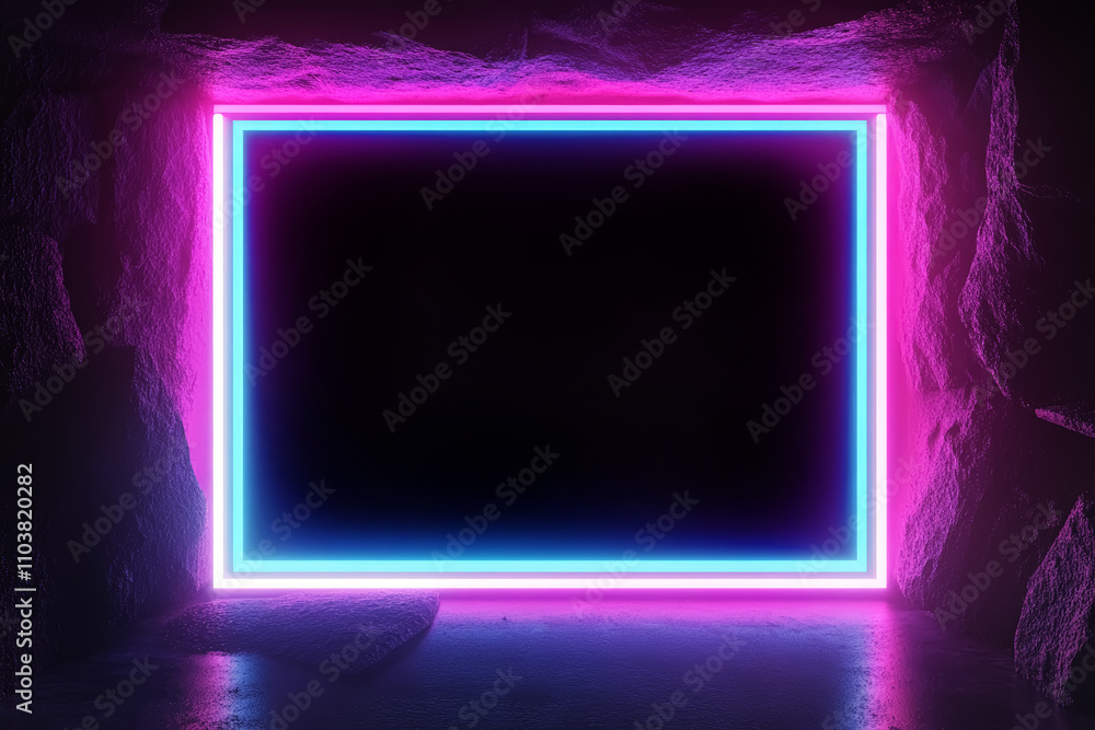 Rectangular glowing pink and blue neon horizontal picture frame on a dark background. 3d illustration rendering. Blank copy space in the middle, mockup. Rectangular glowing pink and blue neon horizontal picture frame on a dark background. 3d illustration rendering. Blank copy space in the middle, mockup.