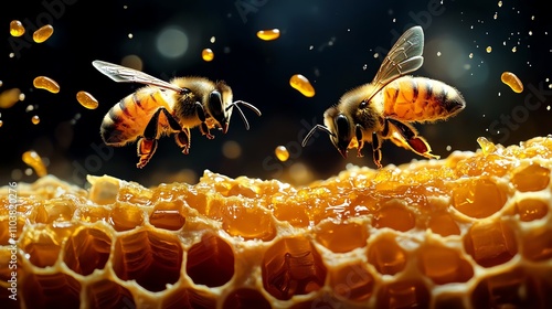 Bees flying over a honeycomb, illuminated beautifully against a dark background. photo