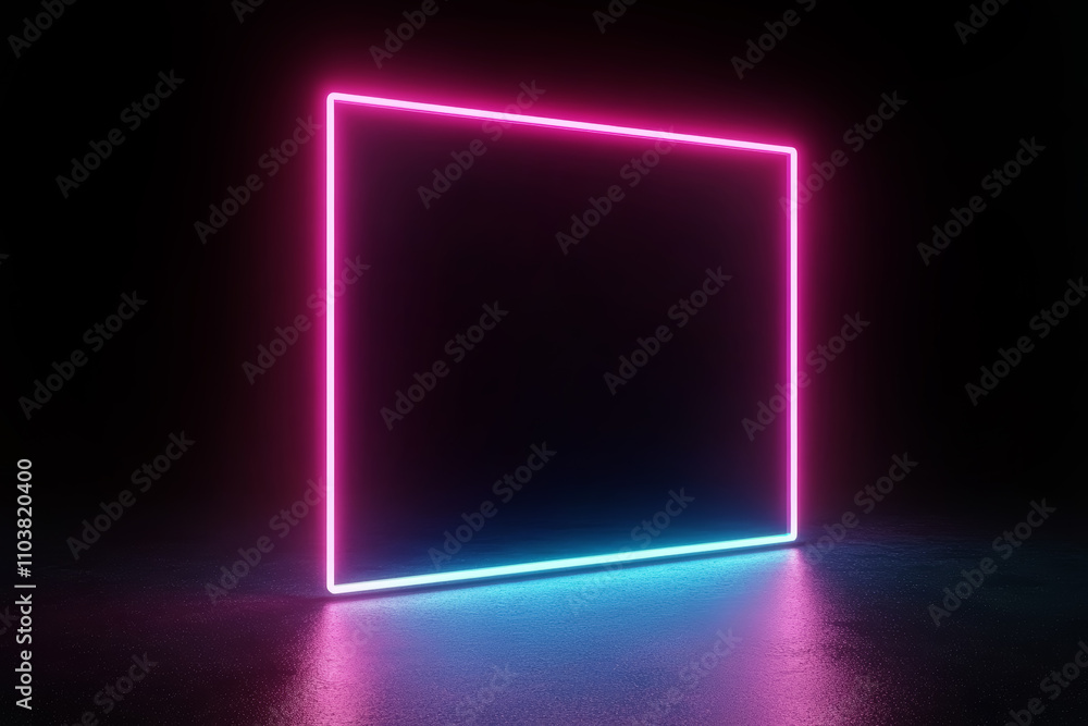 Rectangular glowing pink and blue neon horizontal picture frame on a dark background. 3d illustration rendering. Blank copy space, mockup. Rectangular glowing pink and blue neon horizontal picture frame on a dark background. 3d illustration rendering. Blank copy space, mockup.