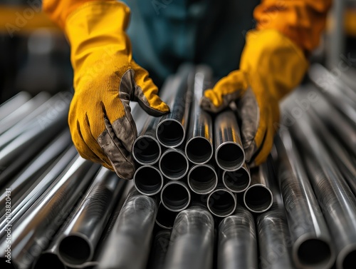 Close-up of a worker wearing yellow gloves organizing stacked steel pipes in an industrial setting, showcasing precision and safety.