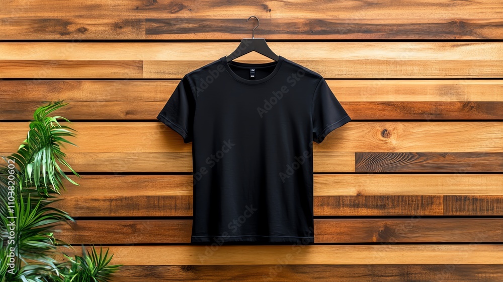 Black t-shirt on wooden background with greenery, casual fashion display. Black t-shirt on wooden background with greenery, casual fashion display.