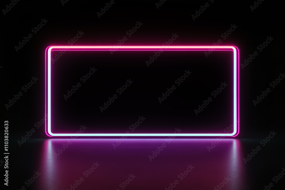 Rectangular glowing pink and white neon horizontal picture frame with rounded corners on a dark background. 3d illustration rendering. Empty copy space in the middle, mockup. Rectangular glowing pink and white neon horizontal picture frame with rounded corners on a dark background. 3d illustration rendering. Empty copy space in the middle, mockup.