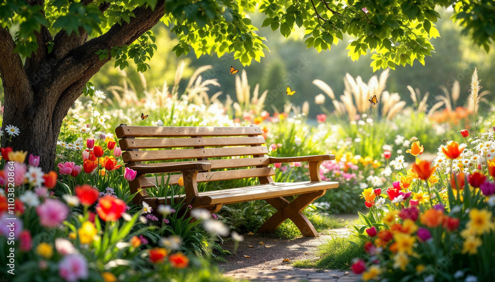 A peaceful wooden bench in a vibrant spring garden, surrounded by colorful flowers and soft sunlight.







