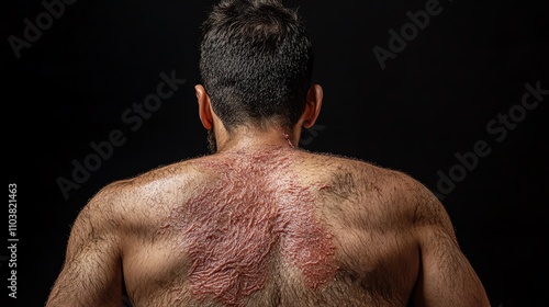 Close-up of a man's back showcasing unique skin textures and details. photo