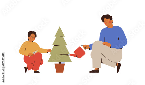 Father and son planting young fir in the pot. Man and small boy watering festive tree after Christmas outside together. Reuse xmas tree and reforest conservation concept. Vector illustration
