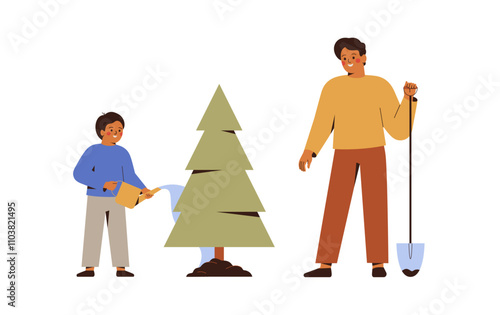 Father and son planting young fir in the ground. Man and small boy watering festive tree after Christmas outside together. Reuse xmas tree and reforest conservation concept. Vector illustration