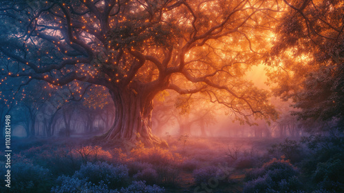  Magical Ancient Oak Tree in Enchanted Forest at Sunrise with Golden Light, Purple Mist and Glowing Fireflies, Wildflowers Blooming in Mystical Woodland Landscape